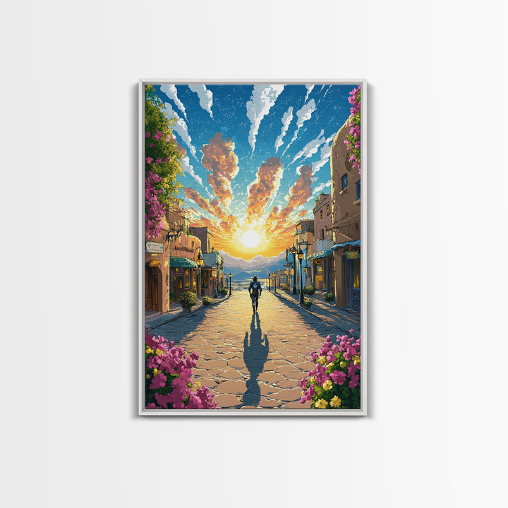 Golden Sunrise Cobblestone Village Wall Art, Mediterranean Landscape Print, Travel Poster, Warm Entryway Home Decor, Living Room Decor