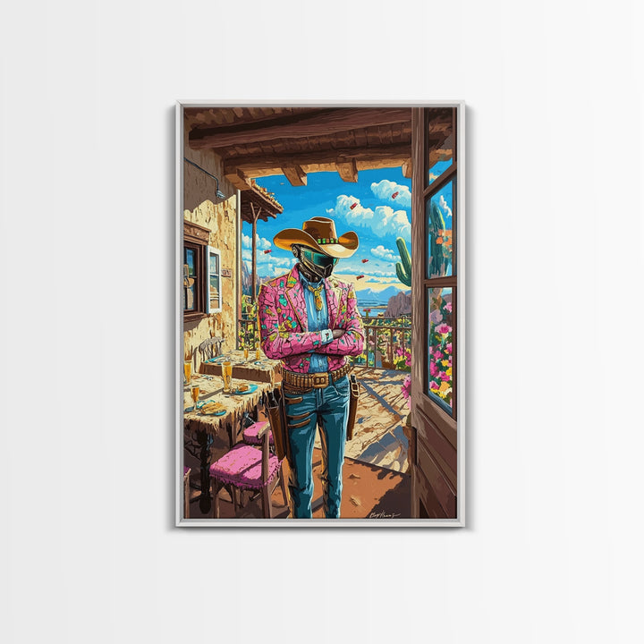 Floral Jacket Cyber Cowboy Portrait Wall Art, Futuristic Western Canvas Print, Desert Fashion Poster, Bold Maximalist Decor