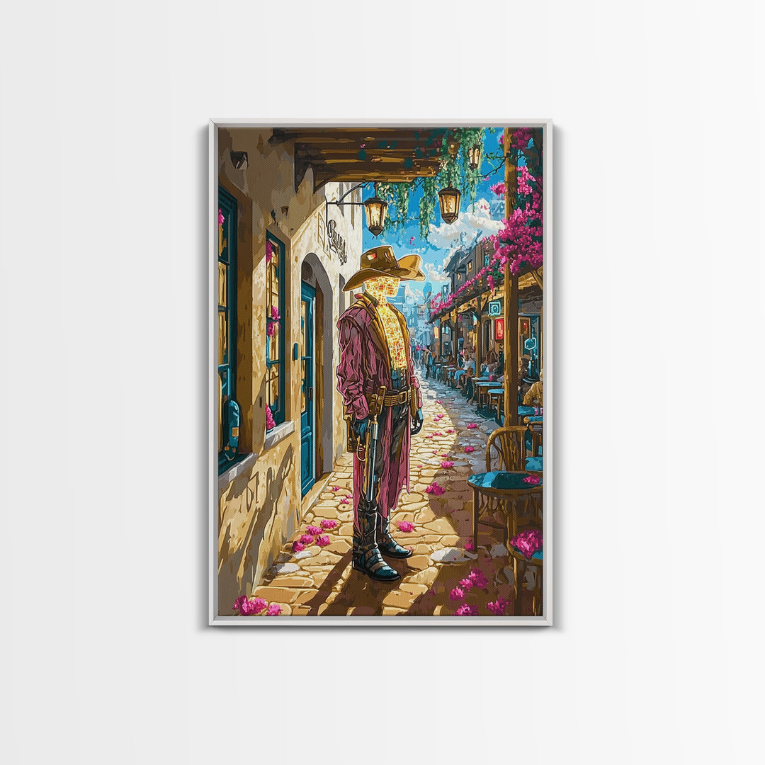 Cyber Western Cowboy In Sunlit Old Town Wall Art, Southwestern Travel Poster, Futuristic Canvas Print, Eclectic Home Decor