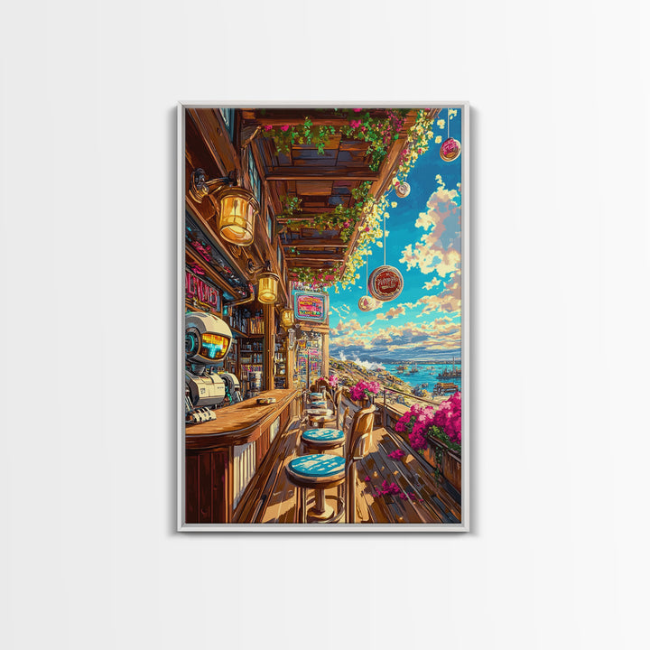 Seaside Sci Fi Cafe Balcony At Golden Hour Framed Canvas Print, Coastal Wall Art, Travel Poster, Living Room Ocean View Home Decor