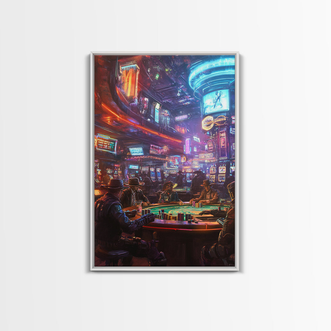Neon Cyberpunk Poker Room With Outlaws Canvas Print, Futuristic Wall Art, Casino Poster, Man Cave And Game Room Decor For Him Gift