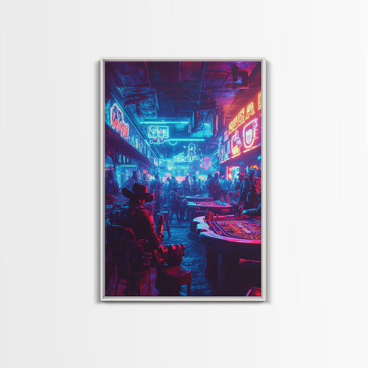 Blue Pink Neon Western Casino Bar Wall Art, Cyberpunk Poster, Futuristic Gaming Room Decor, Man Cave Gift For Him, Trendy Sci Fi Home Decor