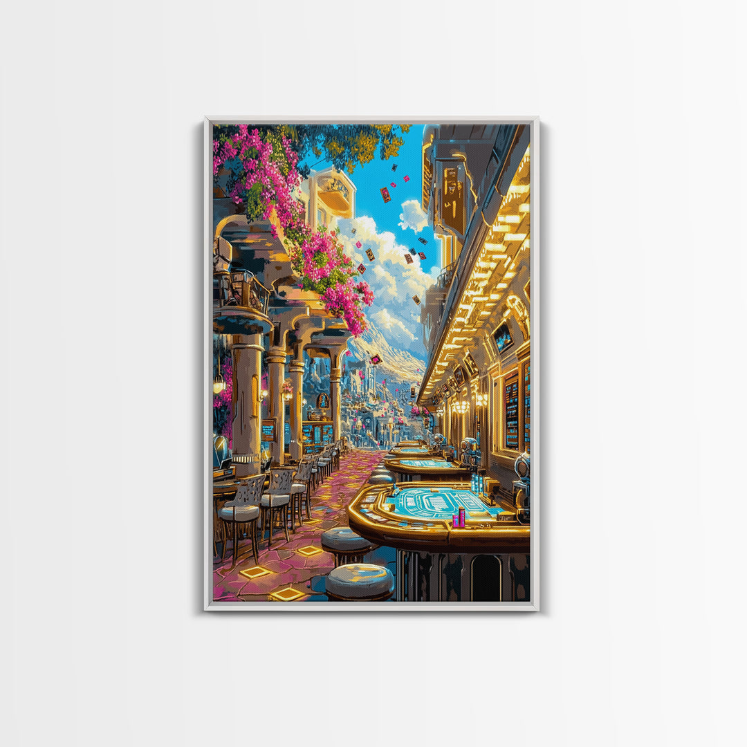 Futuristic Flower Lined Casino Street Canvas Print, Colorful Wall Art, Sci Fi City Travel Poster, Modern Living Room Decor