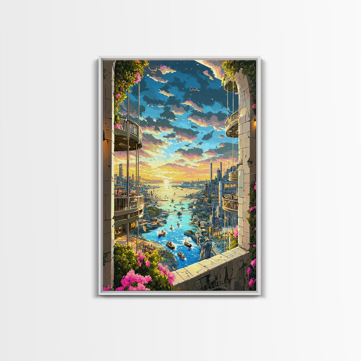 Sunset Harbor City View Between Balconies Framed Canvas Print, Coastal Wall Art, Fantasy Landscape, Above Bed Decor, Living Room Decor