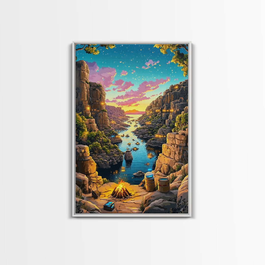 Starry Canyon River Camp At Sunset Canvas Print, Fantasy Wall Art, Adventure Landscape, Rustic Cabin And Game Room Decor