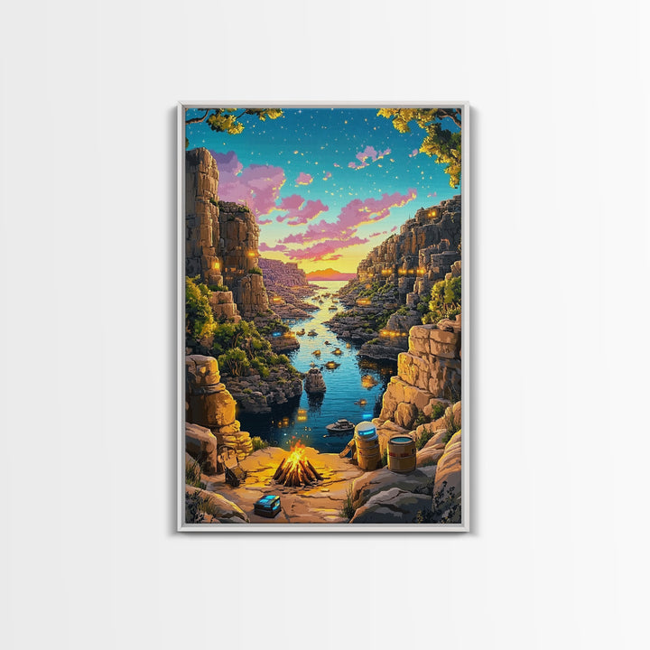 Starry Canyon River Camp At Sunset Canvas Print, Fantasy Wall Art, Adventure Landscape, Rustic Cabin And Game Room Decor