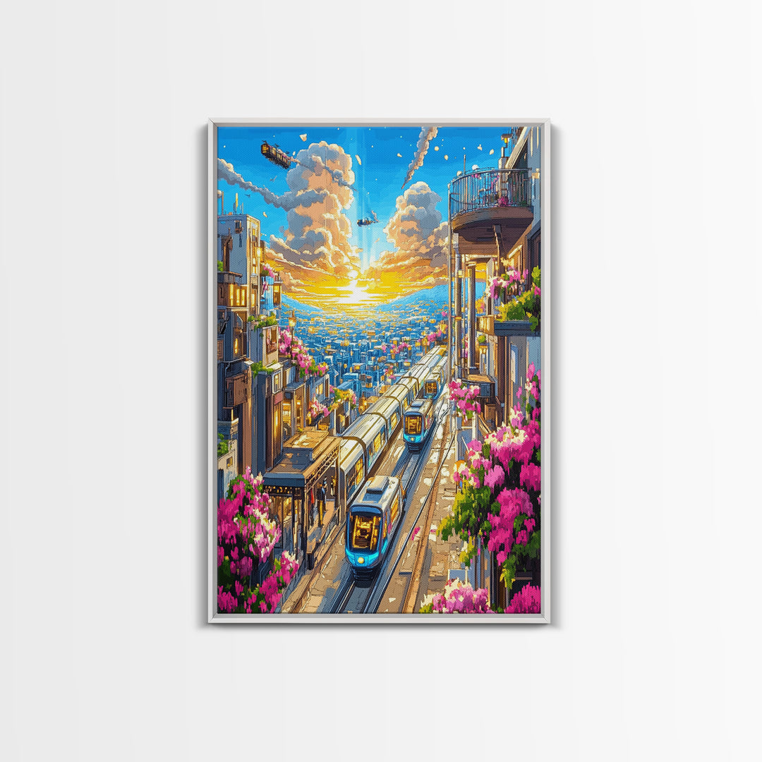 Sunset City Train Tracks With Flower Balconies Canvas Print, Futuristic Wall Art, Urban Travel Poster, Modern Home Decor