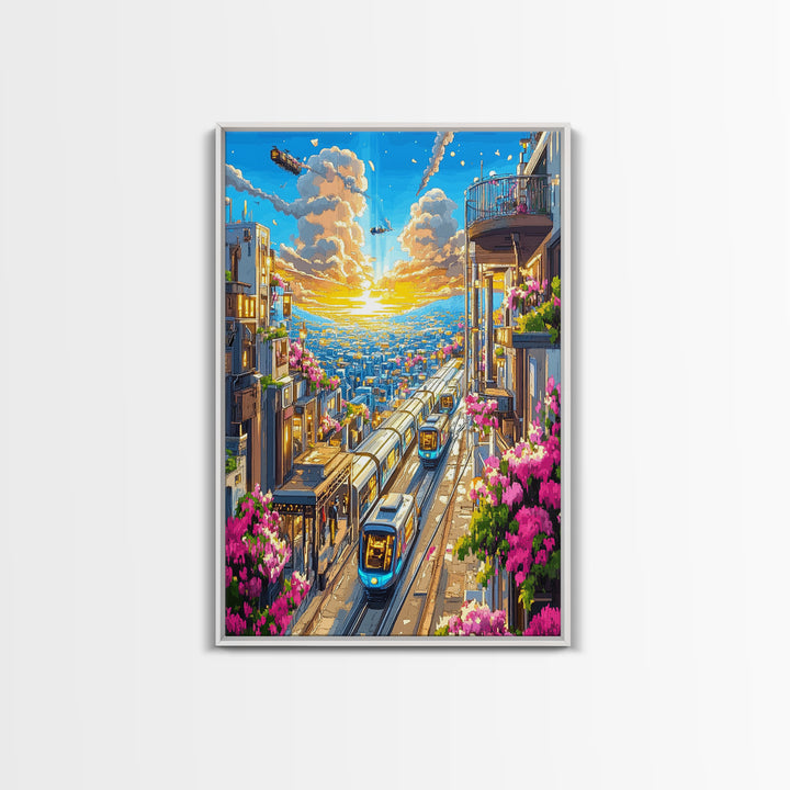 Sunset City Train Tracks With Flower Balconies Canvas Print, Futuristic Wall Art, Urban Travel Poster, Modern Home Decor
