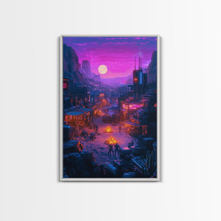 Purple Moon Cyberpunk Desert Settlement Wall Art, Sci Fi Western Poster, Dystopian Landscape, Gaming Room Decor Gift For Him