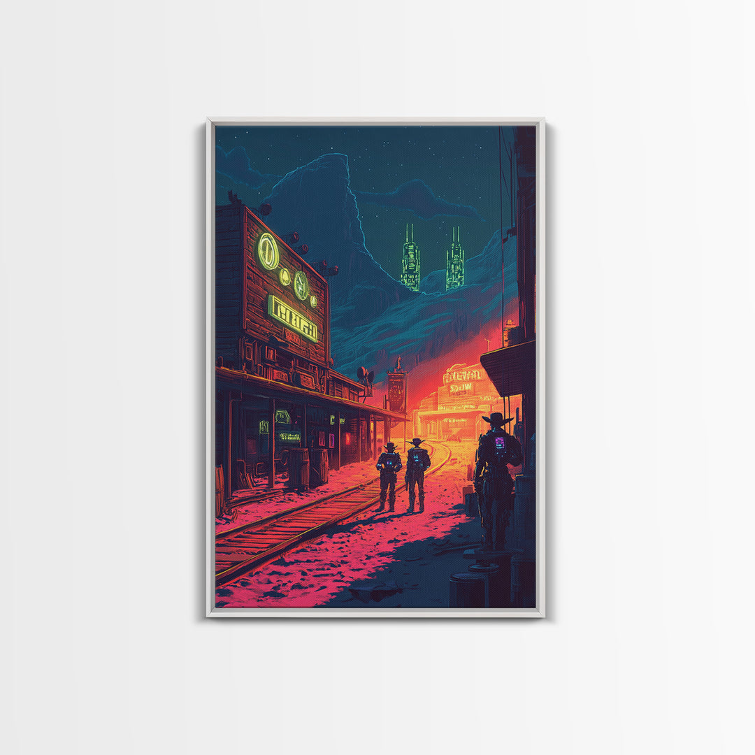 Neon Frontier Street With Cowboys Canvas Print, Cyberpunk Western Wall Art, Sci Fi Poster, Man Cave Gaming Room Decor Gift For Him