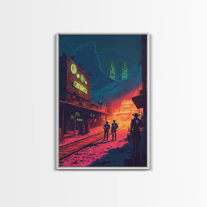 Neon Frontier Street With Cowboys Canvas Print, Cyberpunk Western Wall Art, Sci Fi Poster, Man Cave Gaming Room Decor Gift For Him