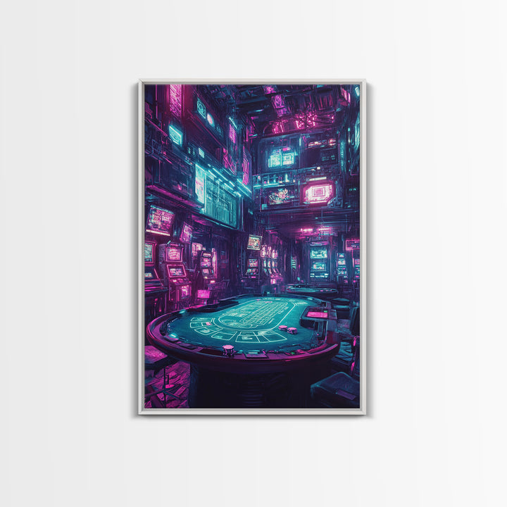 Cyberpunk Neon Casino Poker Room Wall Art, Futuristic Gaming Room Decor, Sci Fi Poster, Vaporwave Home Decor Print For Man Cave
