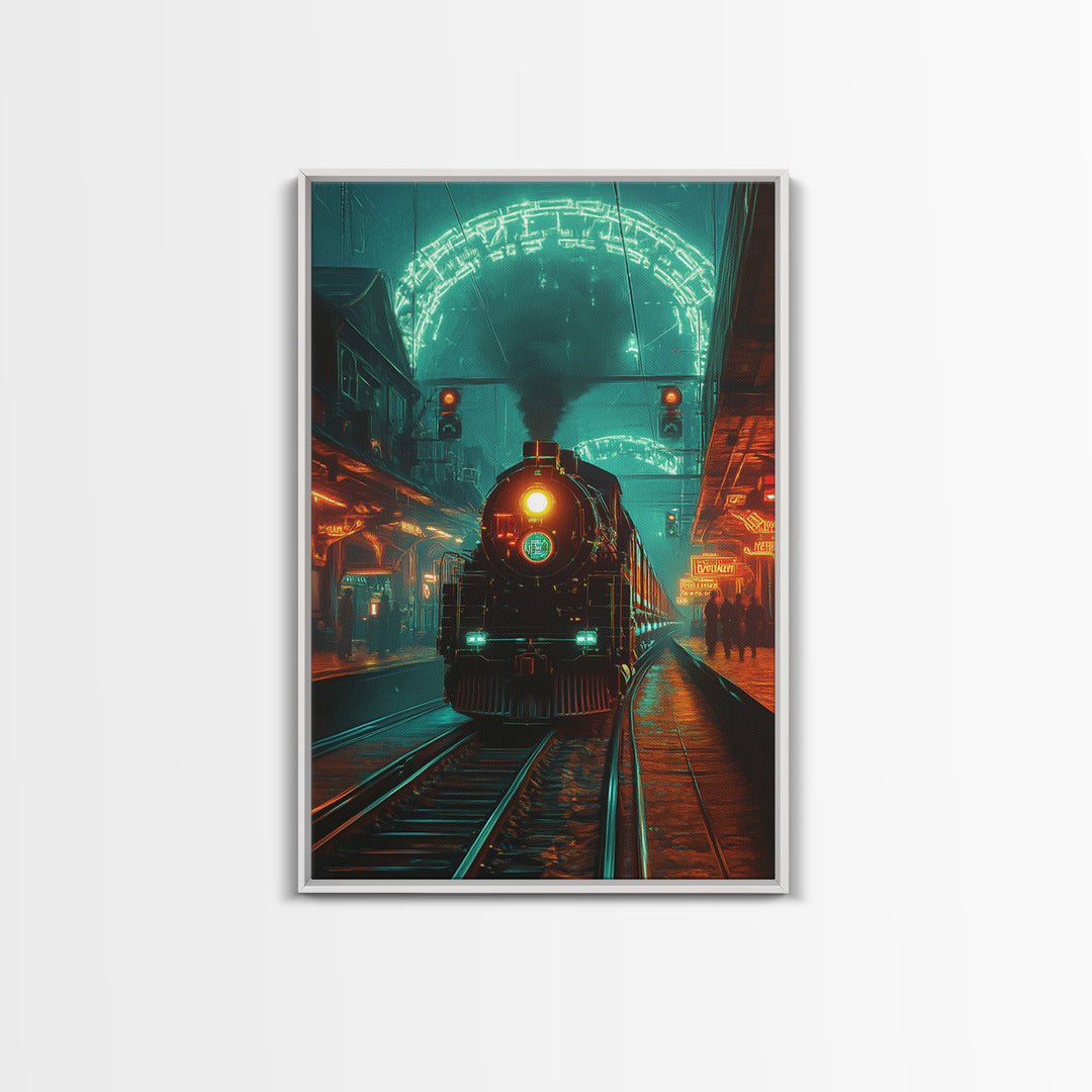 Steampunk Train Station Framed Canvas Print, Futuristic Wall Art, Sci Fi Decor, Industrial Travel Poster For Office Decor
