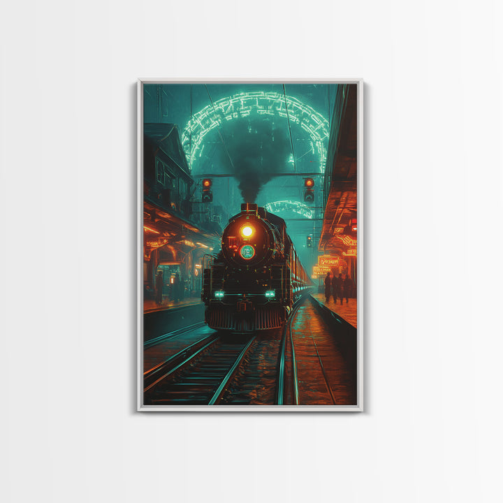 Steampunk Train Station Framed Canvas Print, Futuristic Wall Art, Sci Fi Decor, Industrial Travel Poster For Office Decor