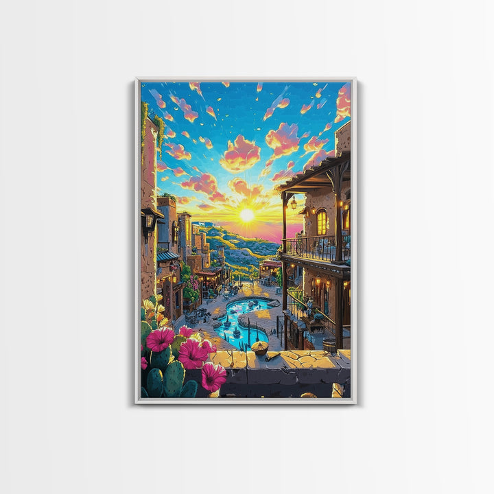 Mediterranean Sunset Village Wall Art, Vibrant Coastal Canvas Print, Travel Poster, Warm Home Decor For Living Room And Bedroom Decor