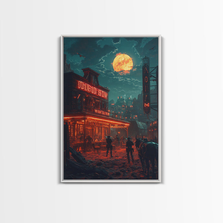 Dark Western Saloon Moon Wall Art, Moody Cowboy Canvas Print, Gothic Rustic Decor, Southwestern Poster For Man Cave Living Room Decor