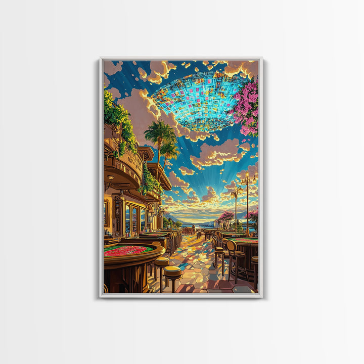 Coastal Casino Terrace UFO Canvas Print, Futuristic Travel Poster, Vibrant Coastal Wall Art, Maximalist Home Decor For Living Room