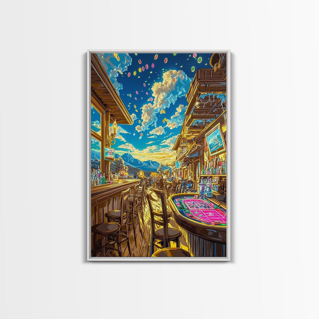 Sunlit Mountain Casino Bar Canvas Print, Colorful Western Wall Art, Game Room Decor, Man Cave Poster, Housewarming Gift Idea