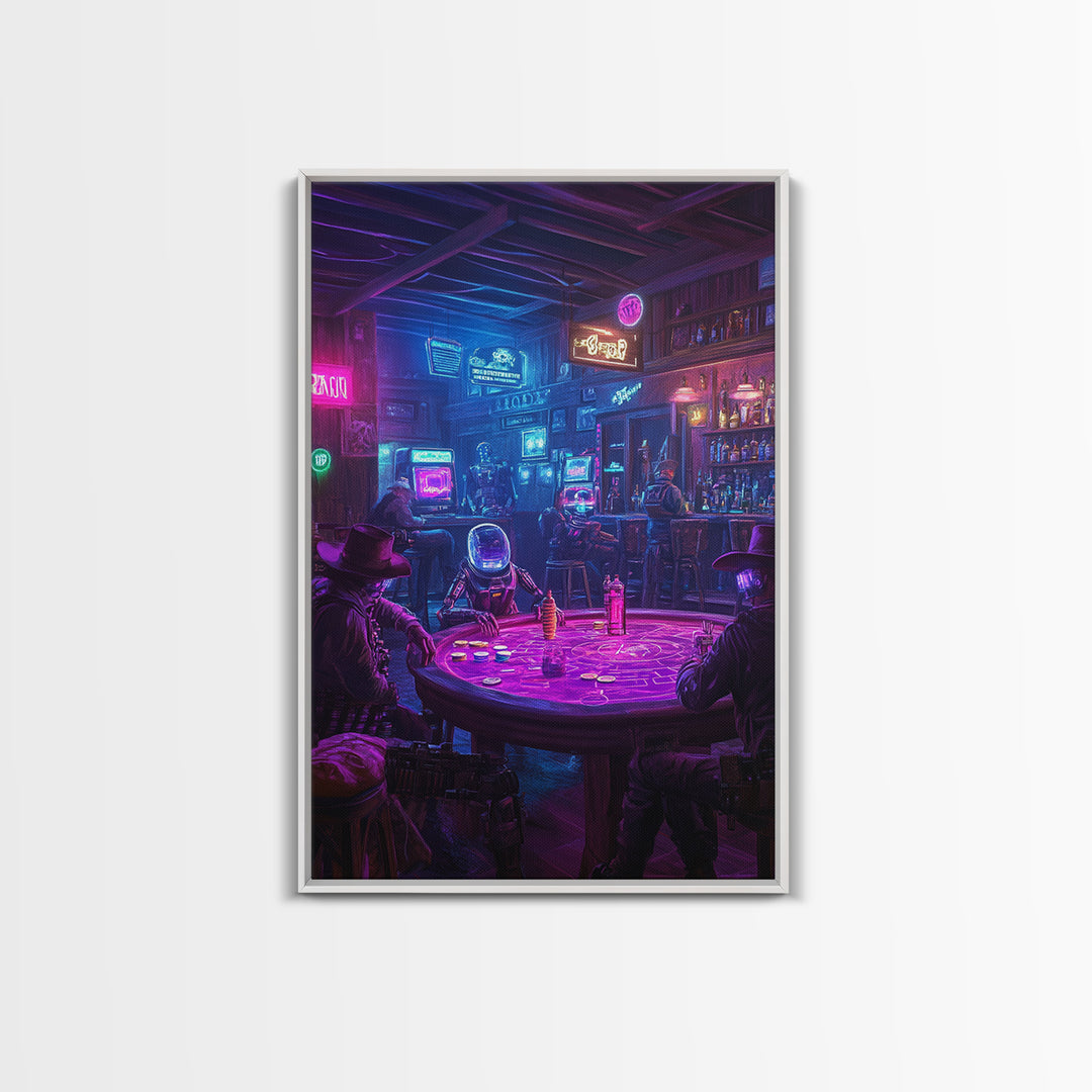 Neon Cyberpunk Poker Saloon Wall Art, Futuristic Western Canvas Print, Man Cave Decor, Game Room Art, Sci Fi Gift For Him