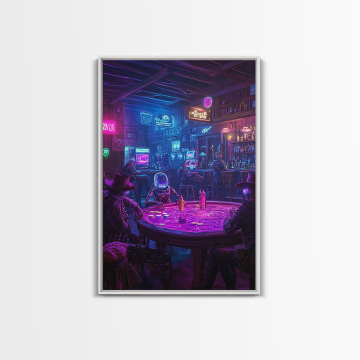 Neon Cyberpunk Poker Saloon Wall Art, Futuristic Western Canvas Print, Man Cave Decor, Game Room Art, Sci Fi Gift For Him