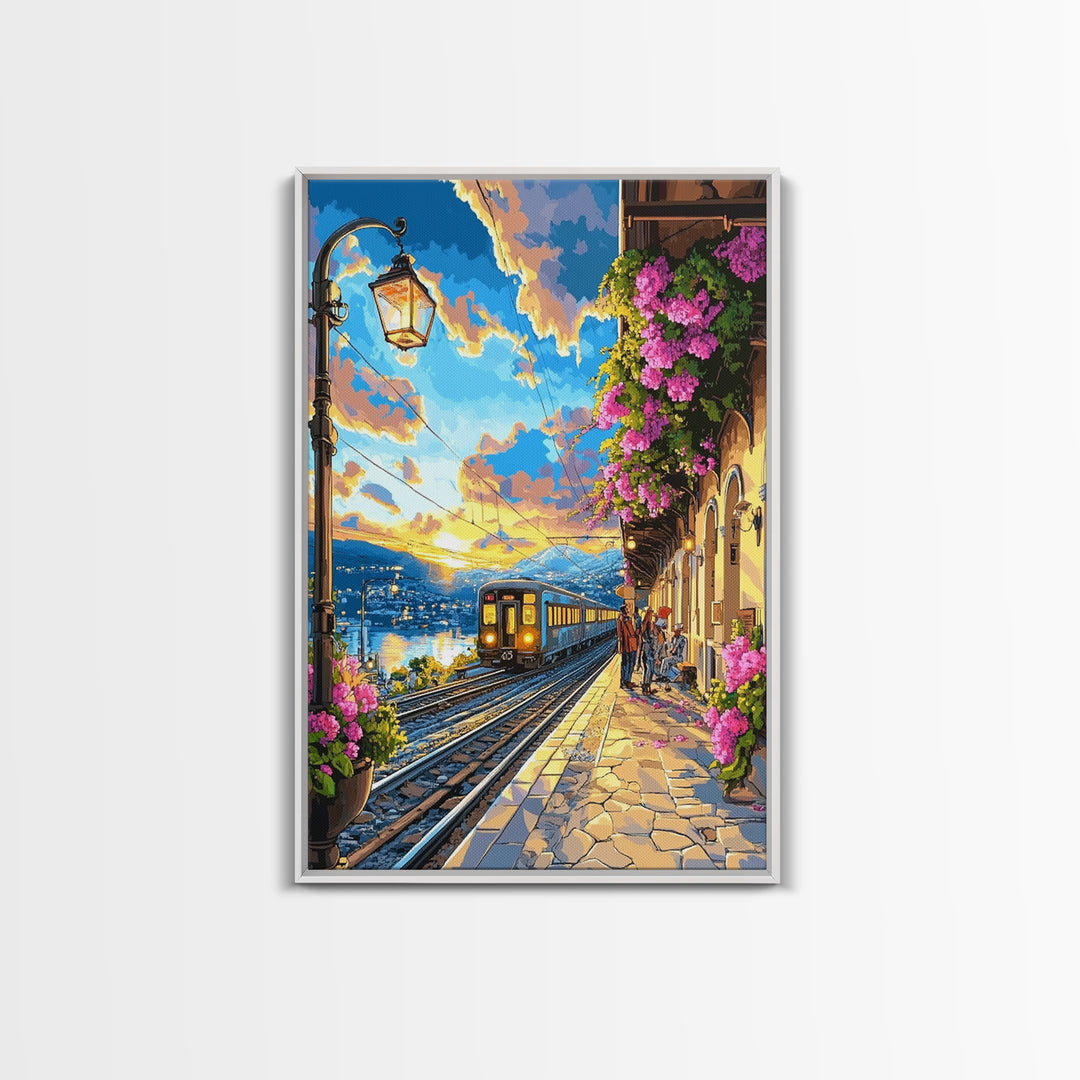 Coastal Sunset Train By Flowered Balcony Canvas Print, Mediterranean Wall Art, Travel Poster, Living Room Decor, Gift For Her