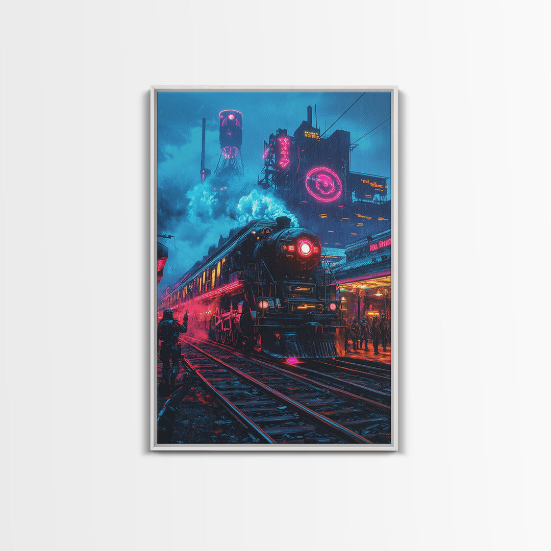 Neon Dystopian Steam Train Canvas Print, Cyberpunk City Wall Art, Futuristic Decor, Sci Fi Poster, Gaming Room Gift For Him