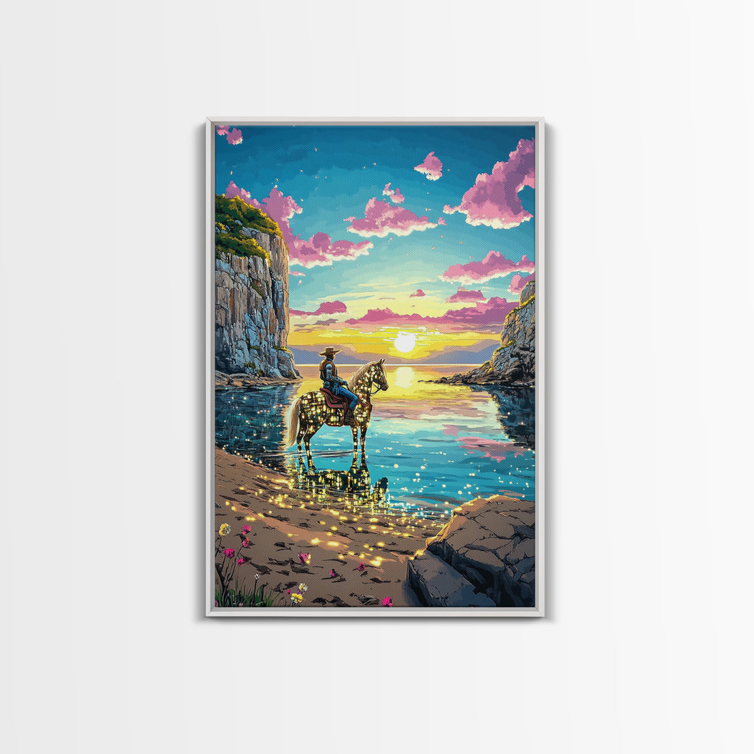 Glowing Cowgirl Horse On Sunset Cove Canvas Print, Western Wall Art, Coastal Decor, Romantic Bedroom Art, Unique Gift For Her