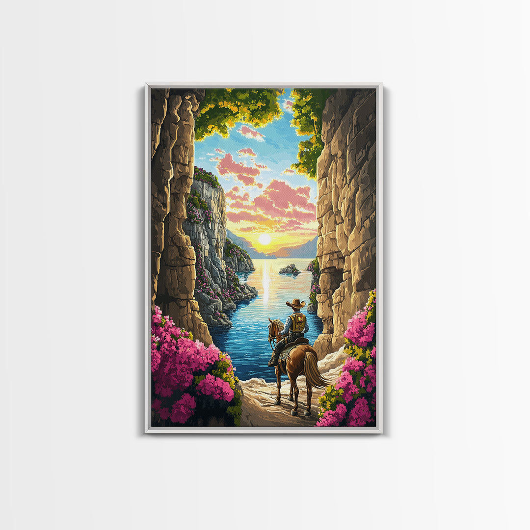 Cowboy Horseback Coastal Canyon Sunset Wall Art, Western Landscape Canvas, Adventure Decor, Ocean Cliff Art Print, Living Room Decor