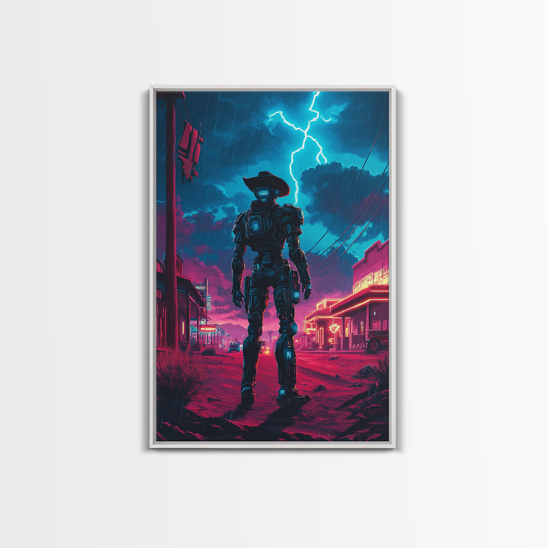 Robot Cowboy In Neon Storm Western Town Wall Art, Cyberpunk Sci Fi Poster, Futuristic Gaming Room Decor, Man Cave Gift For Him