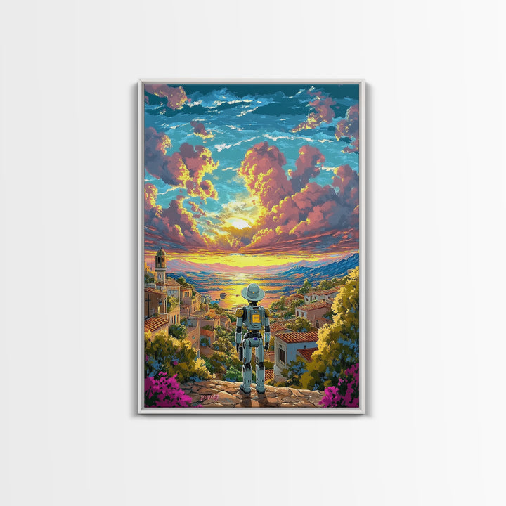 Robot Traveler Above Coastal Village Sunset Framed Canvas Print, Mediterranean Wall Art, Modern Landscape Decor, Living Room Art