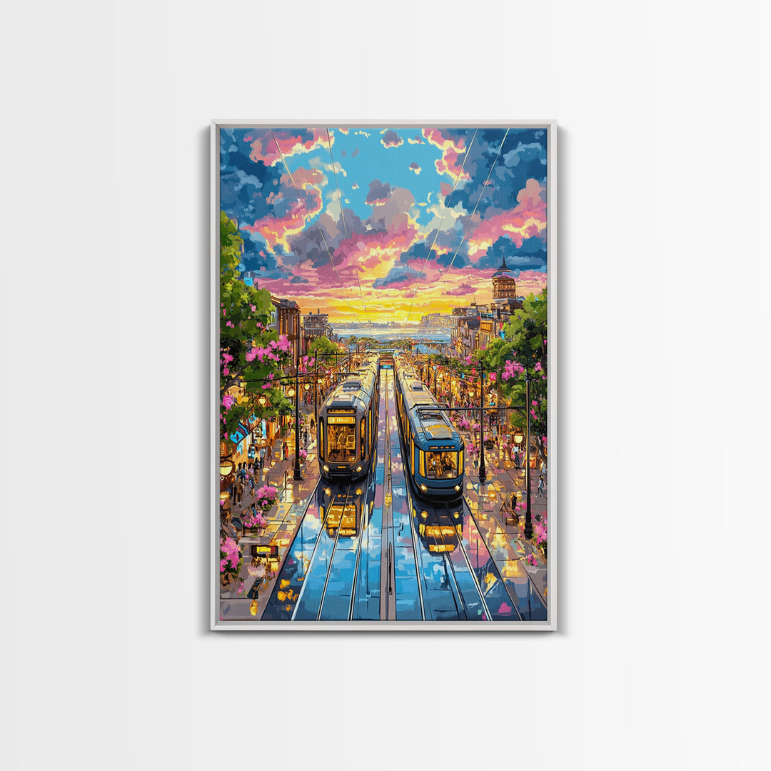 Colorful Tram Street At Sunset Canvas Print, Urban Landscape Wall Art, City Travel Poster, Eclectic Living Room Home Decor