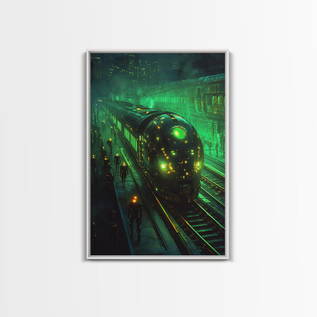 Glowing Green Futuristic Train Station Wall Art, Cyberpunk Railway Canvas, Dark Sci Fi Cityscape Office Decor, Gaming Room Art