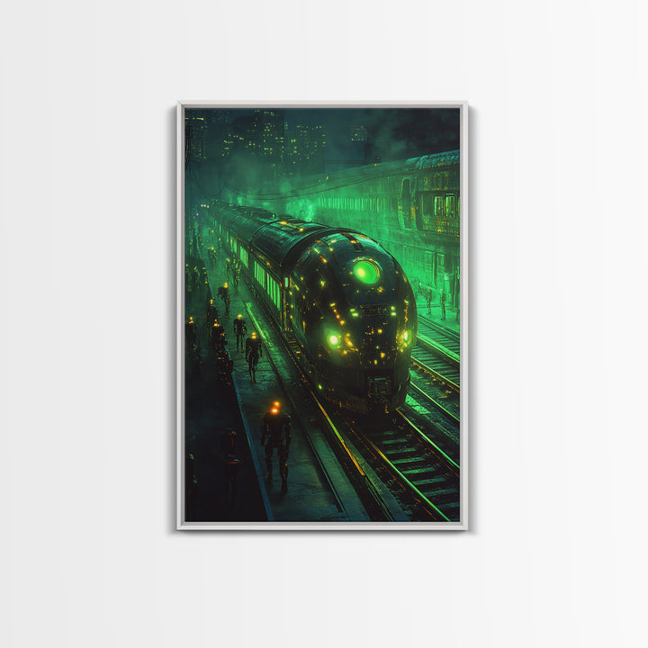 Glowing Green Futuristic Train Station Wall Art, Cyberpunk Railway Canvas, Dark Sci Fi Cityscape Office Decor, Gaming Room Art