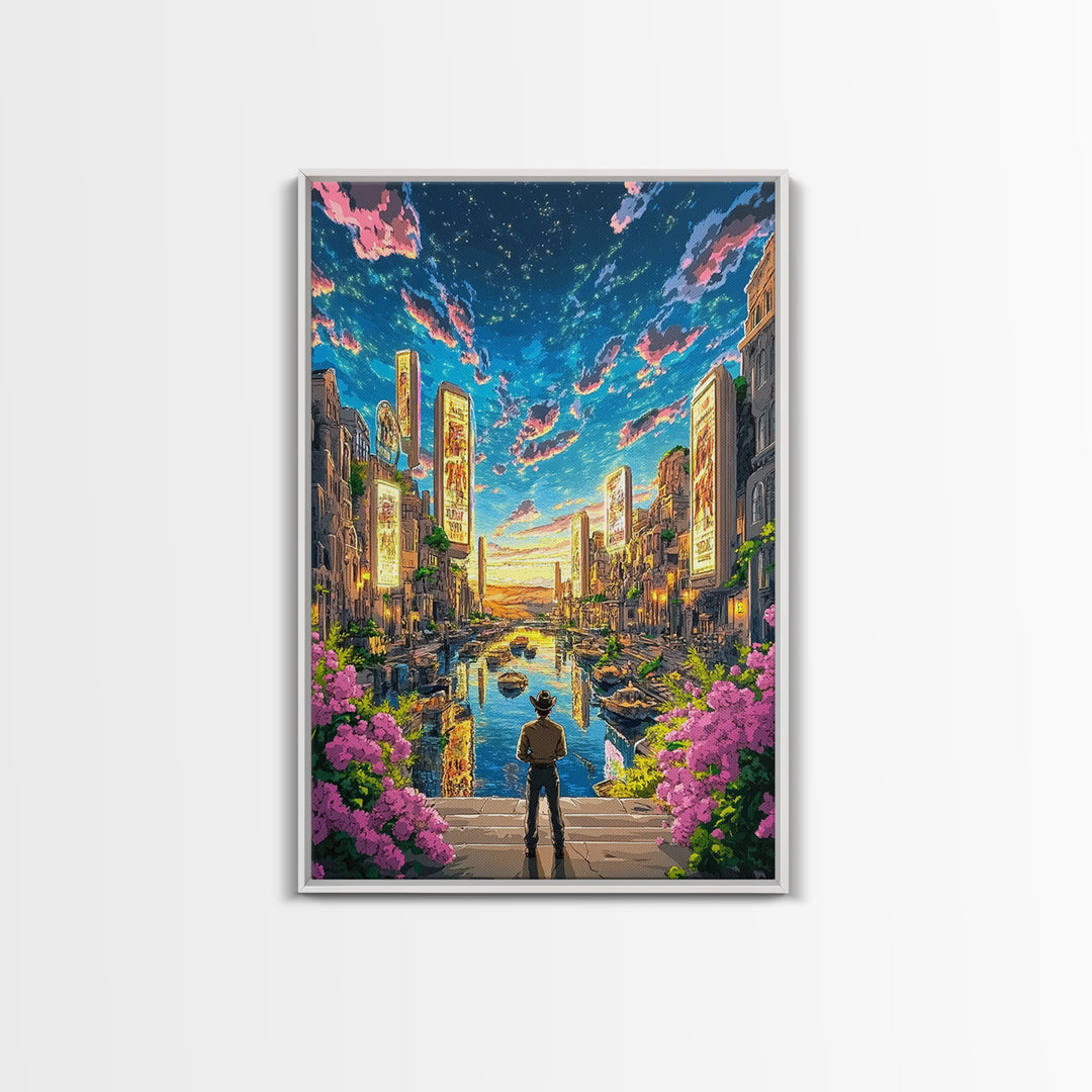 Cowboy Overlooking Neon Canal City At Dusk Wall Art, Futuristic Western Travel Poster, Colorful Urban Home Decor, Living Room Art