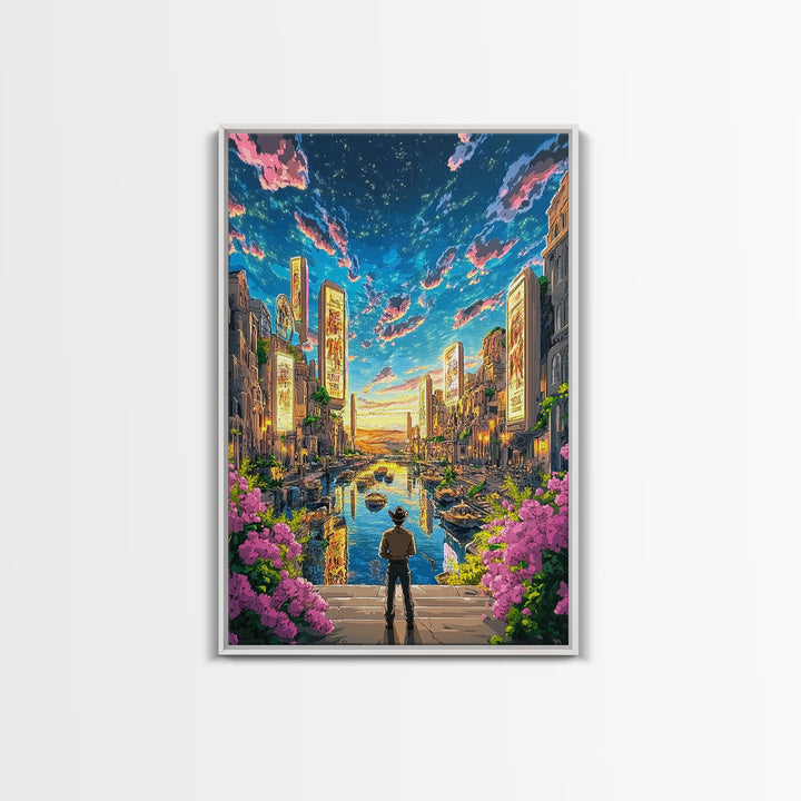 Cowboy Overlooking Neon Canal City At Dusk Wall Art, Futuristic Western Travel Poster, Colorful Urban Home Decor, Living Room Art