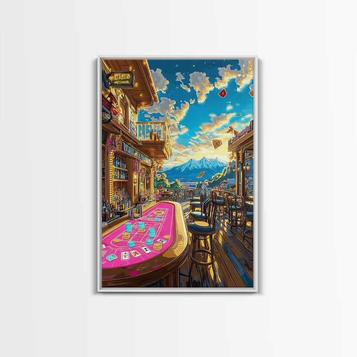 Mountain Casino Bar With Poker Table Canvas Print, Game Room Wall Art, Speakeasy Decor, Home Bar Decor, Man Cave Gift For Him