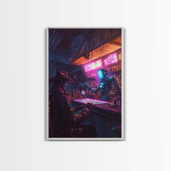 Neon Robot Bartender And Cyber Cowboy Saloon Wall Art, Futuristic Western Canvas Print, Sci Fi Bar Decor, Man Cave Gift Idea