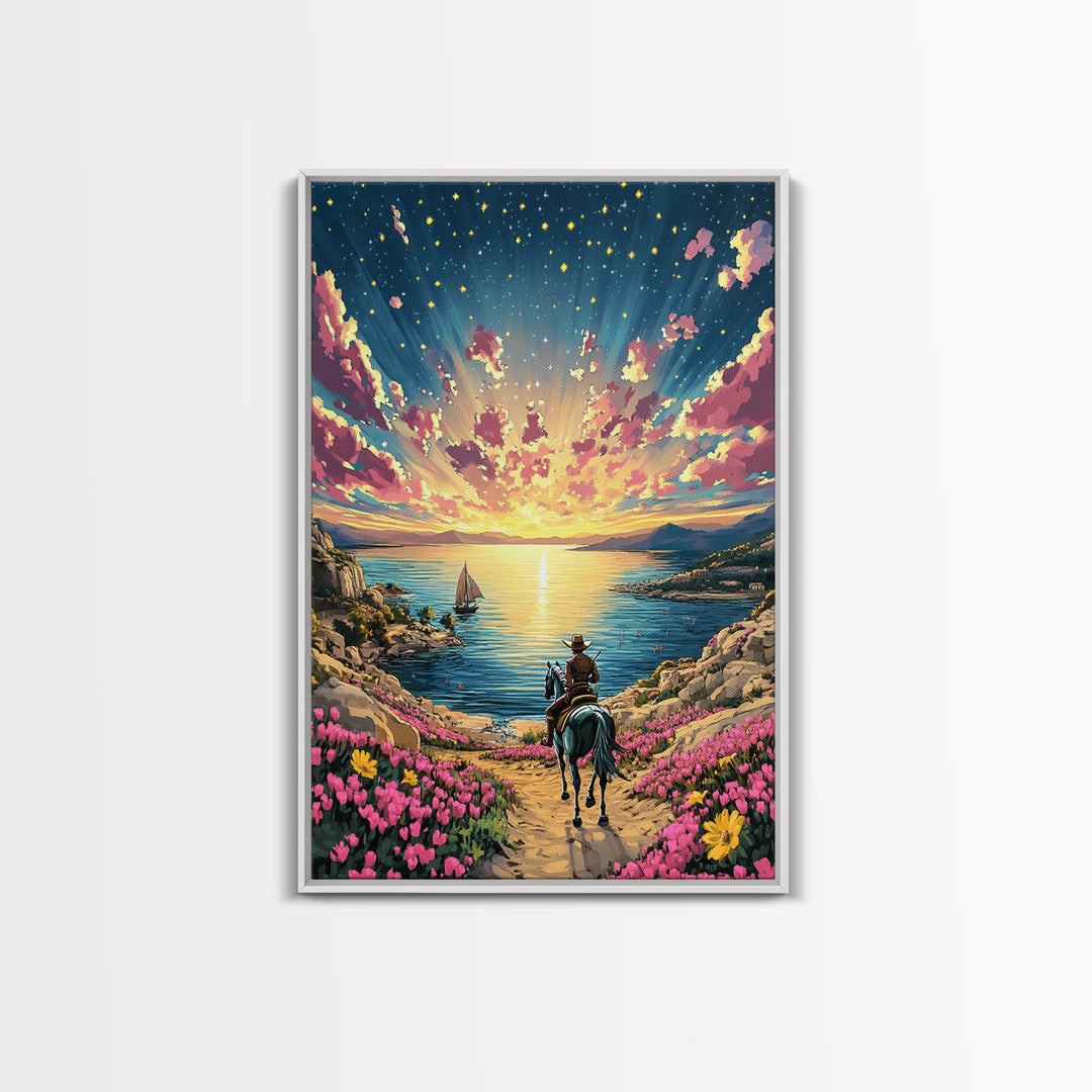 Sunset Cowboy Horse By Flowered Sea Cove Wall Art, Western Coastal Landscape Canvas Print, Beach House Living Room Decor Gift