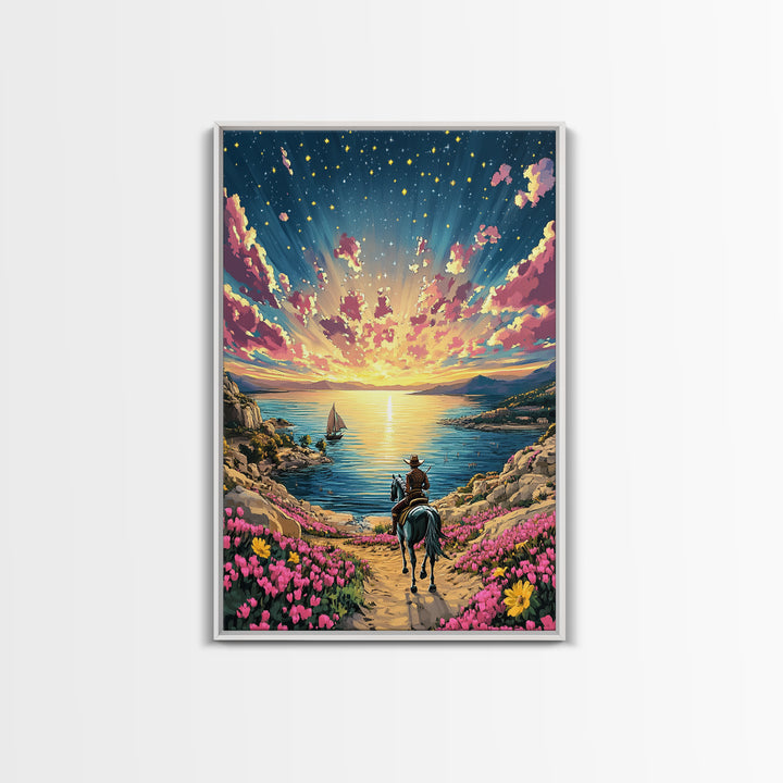 Sunset Cowboy Horse By Flowered Sea Cove Wall Art, Western Coastal Landscape Canvas Print, Beach House Living Room Decor Gift