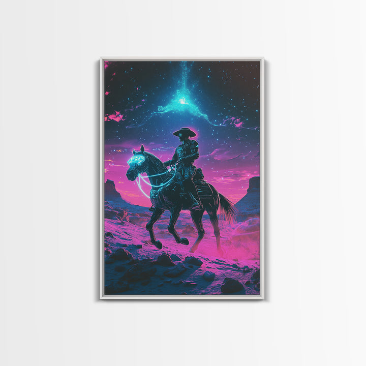 Neon Cosmic Cowboy On Glowing Horse Wall Art, Futuristic Western Desert Canvas Print, Sci Fi Space Decor For Gamers Gift