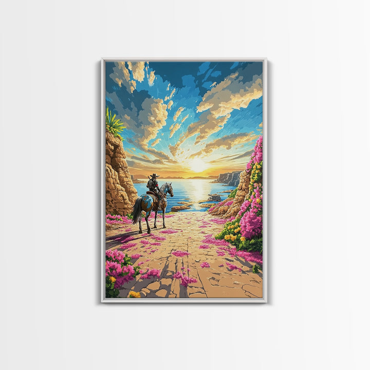 Western Rider On Coastal Flower Path Wall Art, Sunset Seascape Landscape Framed Canvas Print, Beach House Decor Gift Idea