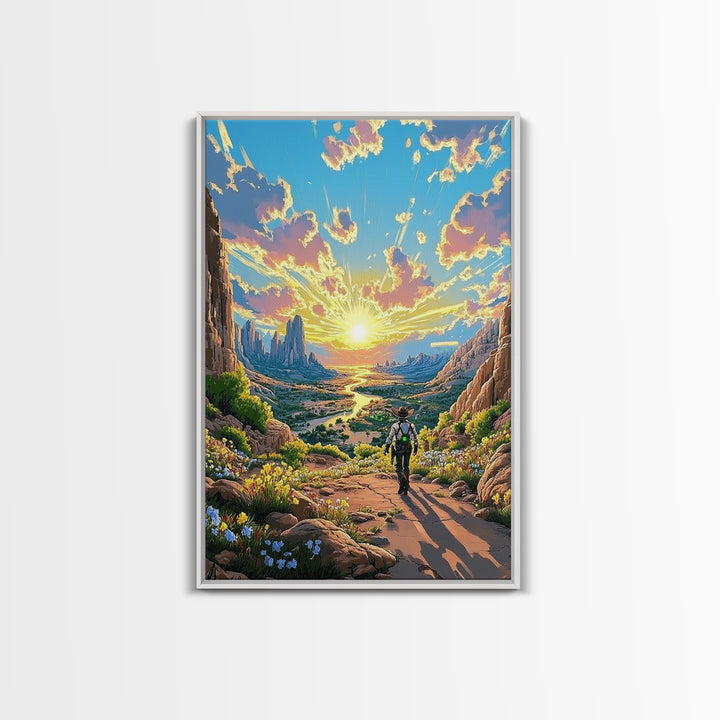 Lone Cowboy Walking Through Blooming Canyon Wall Art, Western Desert Landscape Canvas Print, Southwest Home Decor Gift For Him
