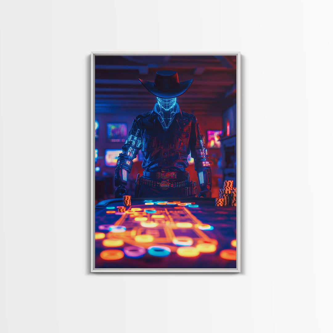 Glowing Robot Cowboy At Neon Poker Table Wall Art, Futuristic Casino Canvas Print, Gaming Room Man Cave Decor Gift For Him