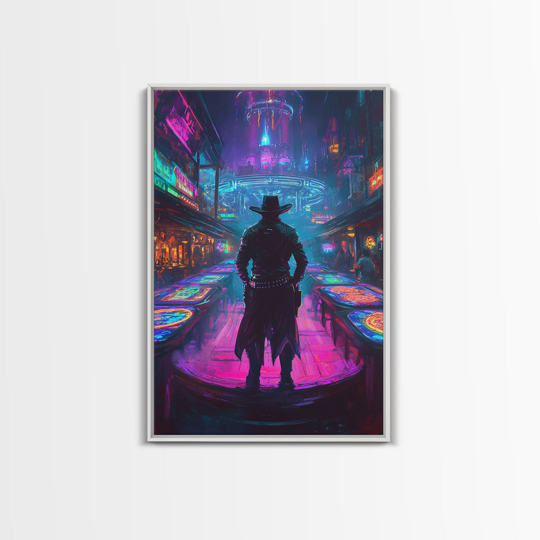 Cyber Cowboy In Neon Futuristic City Wall Art, Dystopian Western Street Canvas Print, Sci Fi Gaming Room Decor Gift For Him