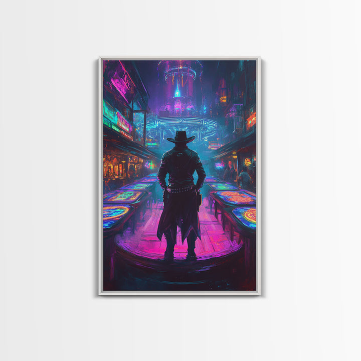 Cyber Cowboy In Neon Futuristic City Wall Art, Dystopian Western Street Canvas Print, Sci Fi Gaming Room Decor Gift For Him