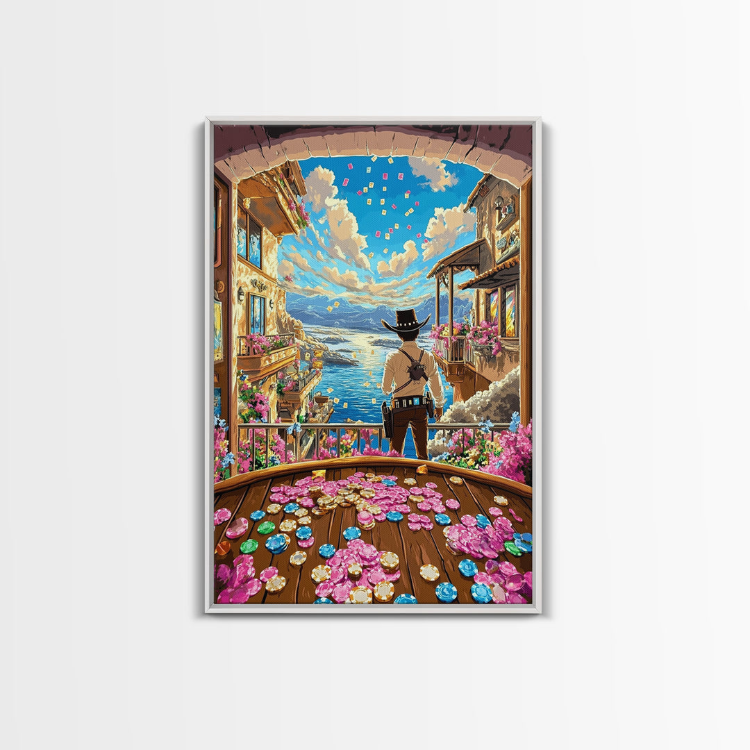 Cowboy Overlooking Coastal Village And Poker Coins Wall Art, Whimsical Western Canvas Print, Beach House Decor Gift For Her