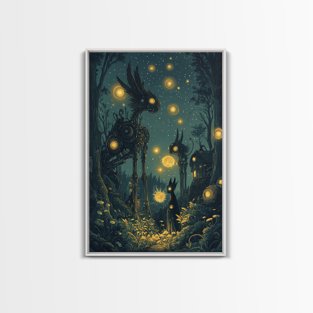 Glowing Mechanical Forest Creatures Wall Art, Dark Fantasy Art, Whimsical Animal Art, Celestial Decor, Unique Home Decor