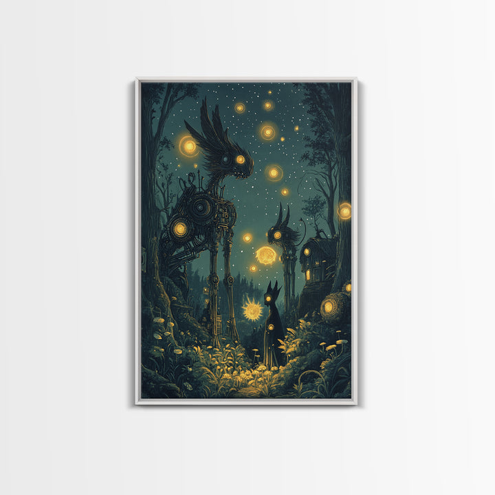 Glowing Mechanical Forest Creatures Wall Art, Dark Fantasy Art, Whimsical Animal Art, Celestial Decor, Unique Home Decor