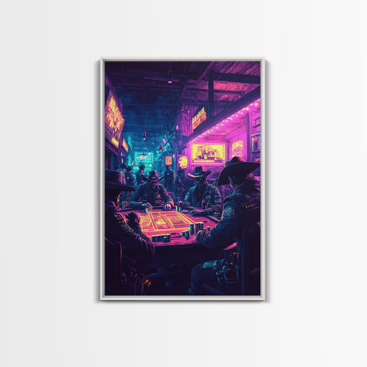 Neon Cyberpunk Cowboy Poker Wall Art, Futuristic Western Decor, Gaming Room Art, Man Cave Decor, Sci Fi Canvas Print, Gift For Him