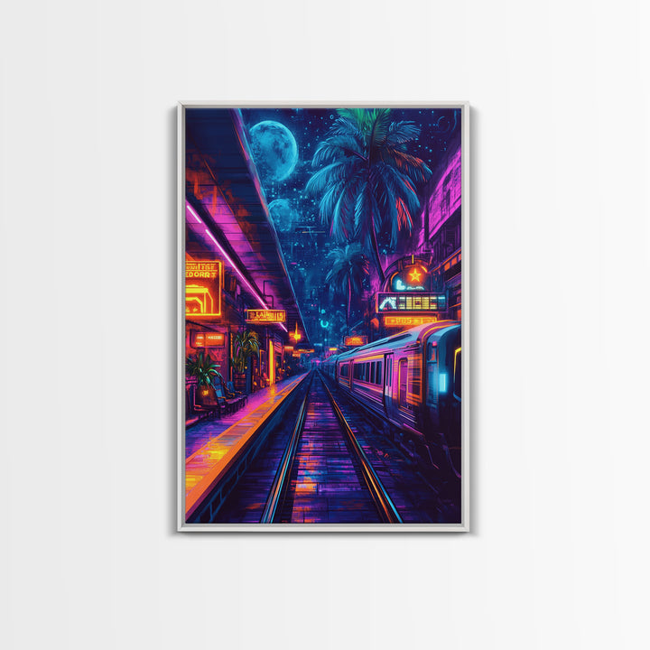 Neon Tropical Cyberpunk Train Wall Art, Futuristic Cityscape Art, Vaporwave Decor, Gaming Room Art, Large Sci Fi Canvas Print